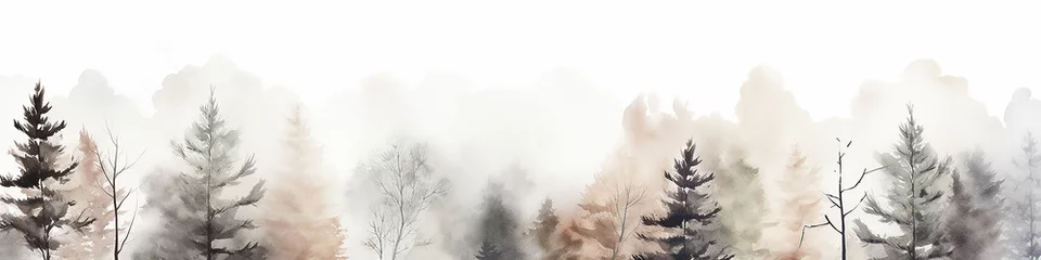 Foto op Canvas watercolor white gray background autumn trees panoramic long narrow view landscape illustration light pastel tone © kichigin19