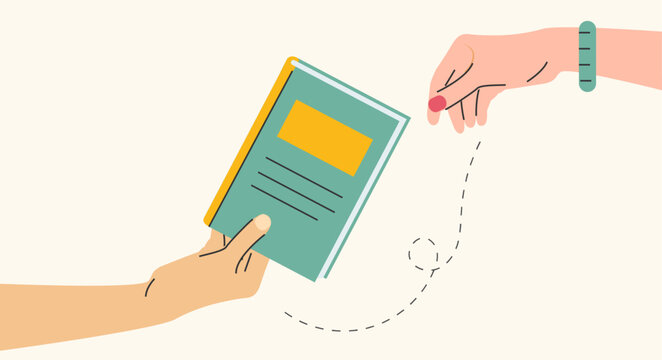 Books exchange or crossing banner template. Reading, education concept, human hand holding book and giving it to another person vector illustration. Swap literature day
