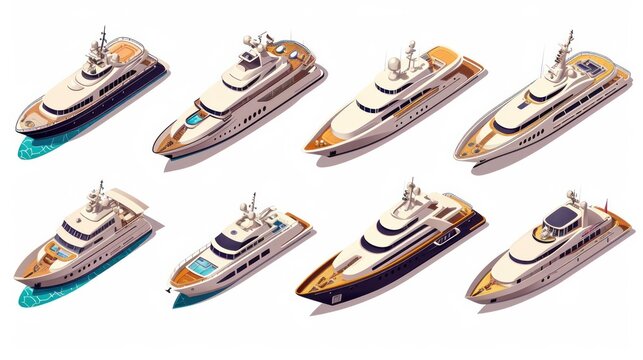 Set of yachts isometric icons. Types of travel ships. Luxury marine cruise boats. Yachting 3d vessel. Fishing sea cruise collection. Tourism water transport for river or lake. Vector illustration