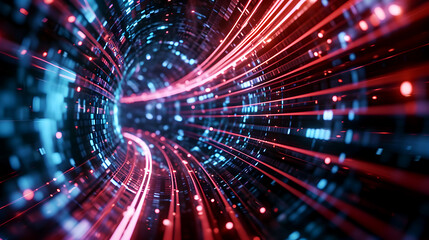 Obraz premium Abstract Background with Futuristic Concept. Illuminated Tunnel of Energy with Fast Speed Lighting, Dynamic Motion, Technological Innovation. Fast-paced Technology, and High-Speed flowing.