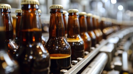 Bottles of beer on a conveyor belt in a factory.