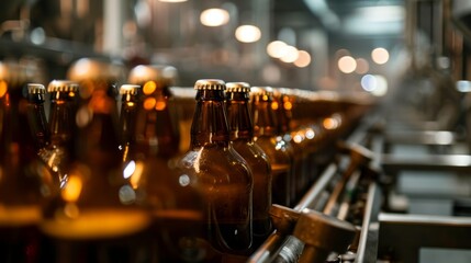 Fototapeta na wymiar Bottles of beer on a conveyor belt in a factory.