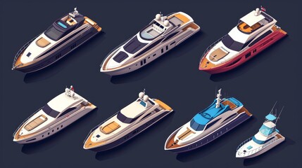 Set of yachts isometric icons. Types of travel ships. Luxury marine cruise boats. Yachting 3d...