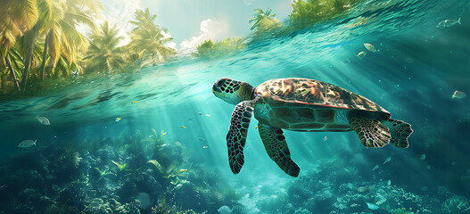 sea turtle swimming in the sea - a turtle swimming and swimming under the ocean, in the style of...