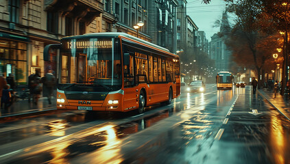 an old yellow / orange bus is driving on a city streets. - Night time