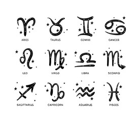 Set of all 12 zodiac signs symbols drawn by brush with stars, vintage boho design for calendar, astrology emblems. Collection of icons isolated on white background.