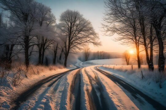 sunrise in the winter road and trees covered with snow