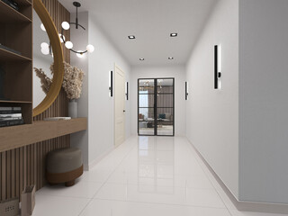 Hallway Design with Furniture. Mirror, pouff, spot, wall and pendant lights. Render 3D