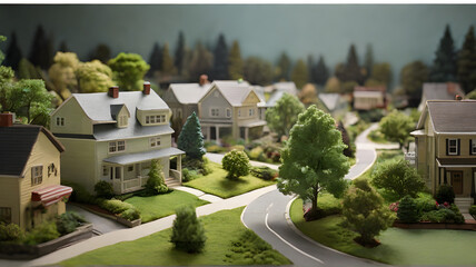 A small scale model of a suburban neighborhood, complete with miniature trees and streets - AI