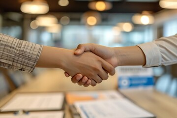 Obraz na płótnie Canvas Close-up of a handshake between two businesspeople, against a blurred office background, representing a successful deal, and indicating partnership