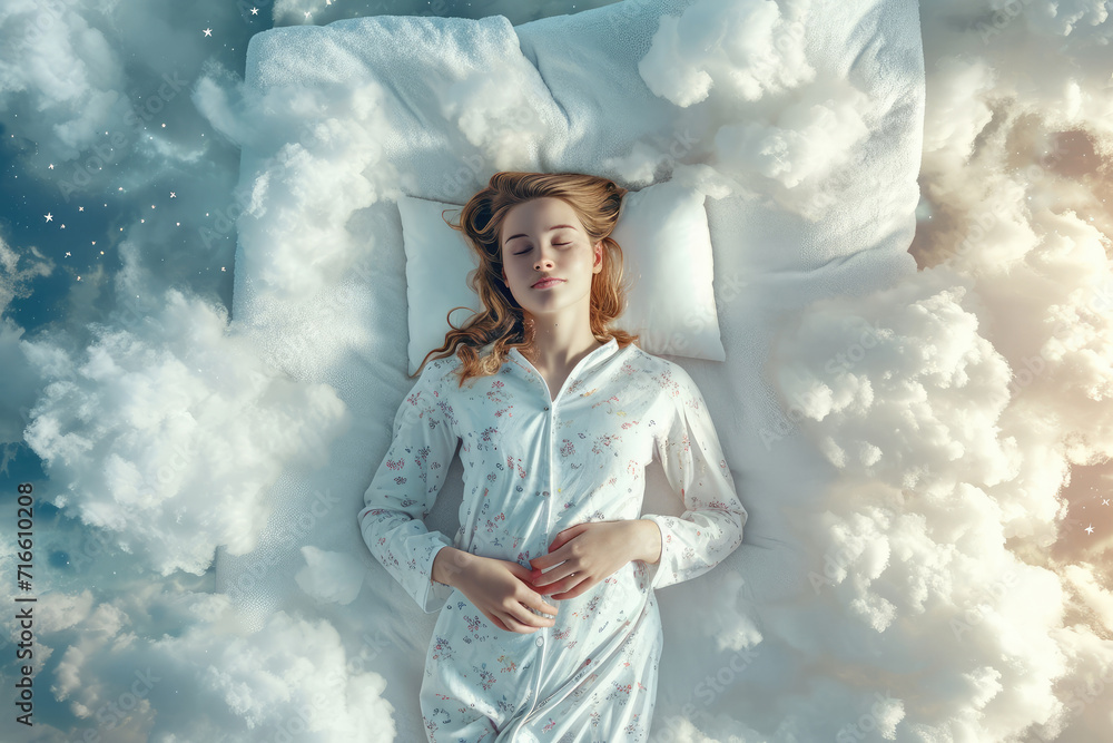 Canvas Prints happy young woman in white pajamas sleeping on white clouds, top view