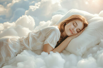 happy smiling young woman in pajamas sleeping on white clouds in the sky in sunlight