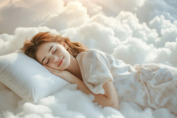 happy smiling young woman in pajamas sleeping on white clouds in the sky in sunlight - Powered by Adobe