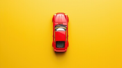 Toy red car on the yellow background top view