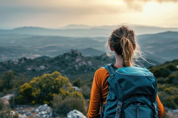 Naklejka premium A woman with a backpack looks at the landscape. A woman in a mountain landscape
