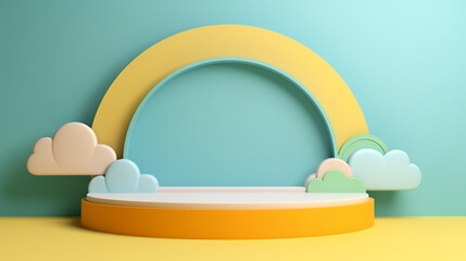 Whimsical Heights: A Kid's Podium Oasis amidst a Symphony of Colors, Framed by a Playful Backdrop of Fluffy Clouds and Radiant Rainbows, Unveiling a Kaleidoscopic Stage for Childhood Dreams, Creative 