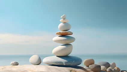 Poster Im Rahmen stack of stones on the beach - balance pile © Lisanne