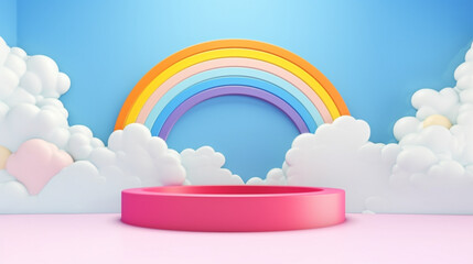 Whimsical Wonderland: A Delightfully Decorated Kid's Podium Set Against a Vibrant Backdrop of Playful Clouds and Radiant Rainbows, Crafting an Enchanting Stage Youthful Accomplishments, Imagination