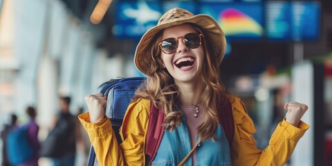 Young beautiful cheerful woman at the airport