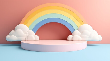 Whimsy Unleashed: A Kaleidoscopic Kid's Podium Surrounded by a Riot of Colors, Enhanced by a Background of Playful Clouds and Radiant Rainbows, Inviting Young Minds to a Wonderland of Joyful Achieveme