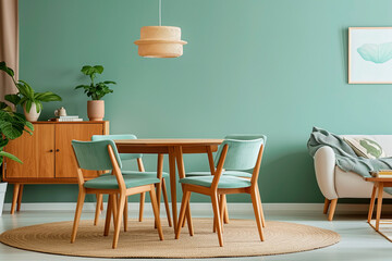 Round wooden dining table in dining room and green color chairs. home interior design of modern living room 
