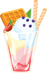 Colorful summer dessert with blueberry ice cream, waffle, and strawberry. Sweet treat in a glass cup with melting scoops. Delicious sundae and refreshing snack vector illustration.