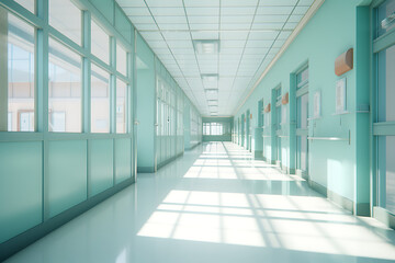 architecture interior - medical hospital corridor with hospital floor plan and door, in the style of romantic soft focus 