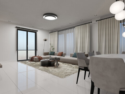 Living Room Design with open kitchen. White, beige and grey. Spot lighting, dining table and tv unit. 3d Render
