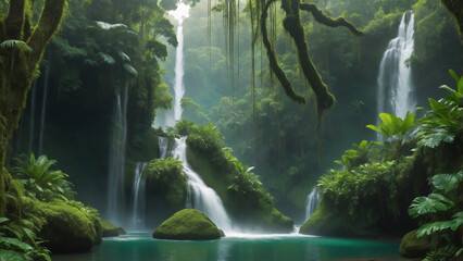 A cascading waterfall hidden within a lush, emerald-green rainforest, surrounded. ai generative - obrazy, fototapety, plakaty