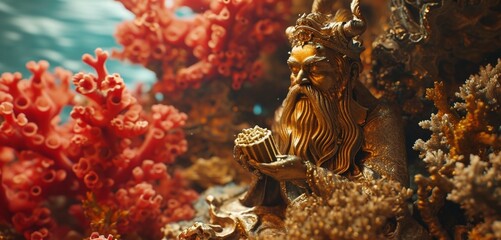 Playful 3D God of wealth, gold ingot on coral, HD elegance.