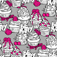 Tasty sweet cupcake dessert decorative seamless vector pattern for textile design, fabric print, digital or wrapping, wall paper, background and backdrop, bakery shop decoration, cafe, restaurant menu