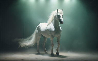 Portrait style image of a horse in white mint green color. Ethereal lighting composition.