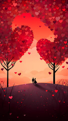 Cartoon Style Illustration of a Romantic Landscape. Landscape with hearts Valentine's Day. Usable for print, or web graphic design, card, poster.
