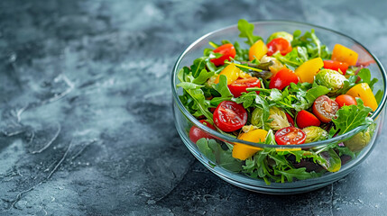 In a transparent glass bowl, a delicious and healthy salad of fresh vegetables. The concept of proper nutrition, fitness diet, health care.