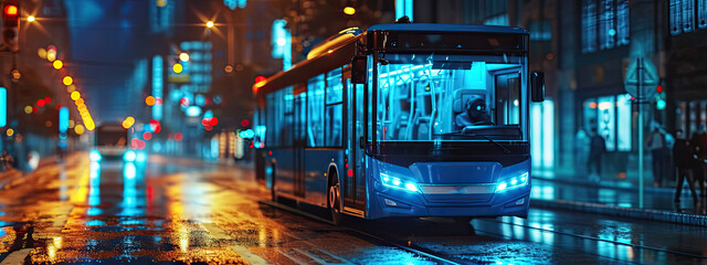 Electric bus with blue lights. Future of urban transport - obrazy, fototapety, plakaty