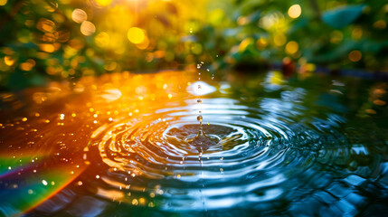 A crystal-clear droplet dances mid-air, sunlight catching its iridescence, as it plunges into a serene pond, creating ripples and reflections that mesmerize the onlooker - obrazy, fototapety, plakaty