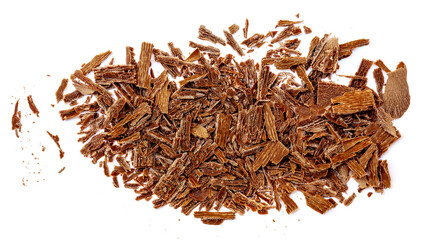 Grated chocolate isolated on white background. Choppped and  crushed chocolate shavings, crumbs  top view