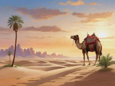 Footage Landscape atmosphere in the desert where there are camels in the Ramadhan atmosphere. Generative AI.