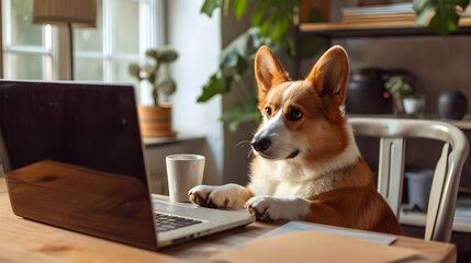 dog behaving as a human sitting at a desk with a laptop, typing away as if working from home - obrazy, fototapety, plakaty