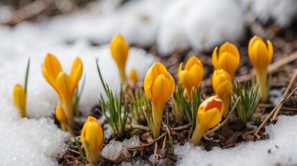 Melting snow primary plants yellow crocuses. Flowers sprouting through the snow