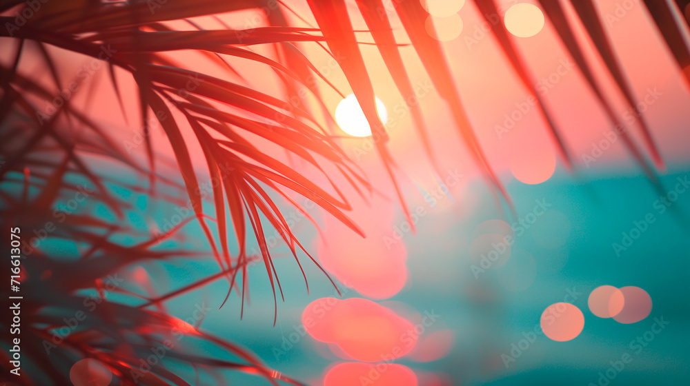 Wall mural summer vacation defocused background blurred sunset over the ocean and palm leaves