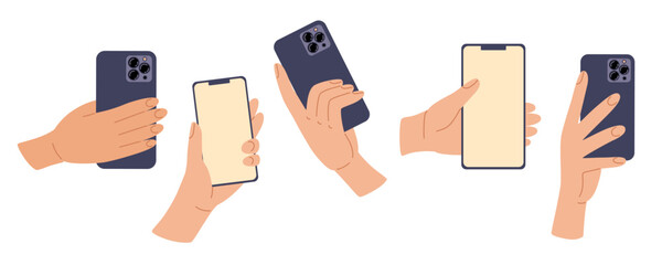Human hands hold smartphone. Mobile phones in arms. Vector illustration in hand drawn style