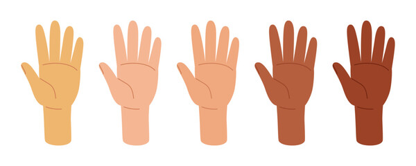 Human hand. Group of diverse human arms raised up. Hello hand gesture. Vector illustration in hand drawn style
