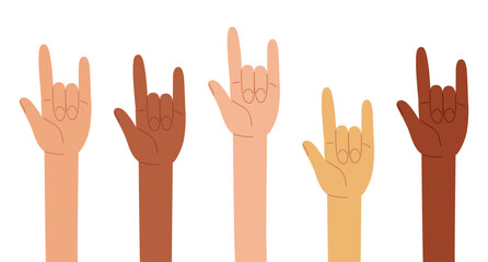 Human hands up showing rock sign. Group of diverse human arms, gesture, fans, roker, rock-n-roll, music. Festival symbol. Vector illustration in hand drawn style 