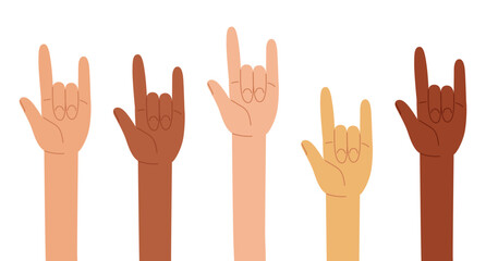 Obraz premium Human hands up showing rock sign. Group of diverse human arms, gesture, fans, roker, rock-n-roll, music. Festival symbol. Vector illustration in hand drawn style 