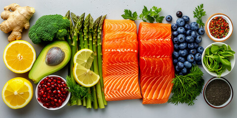 On a white background, healthy avocado, pomegranate, asparagus, lemon, blueberries and a piece of fresh salmon. The concept of the benefits of plant vitamins, protein and omega for human health