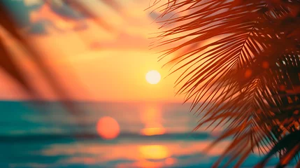 Selbstklebende Fototapeten Summer vacation defocused background blurred sunset over the ocean and palm leaves © KEA