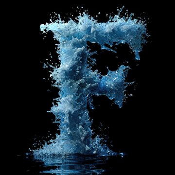 the letter F made of smooth perfect ice, black background