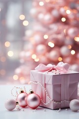 Cozy Pink Christmas Scene: White Tree and Elegant Gifts with Bokeh - Valentine's Day Concept