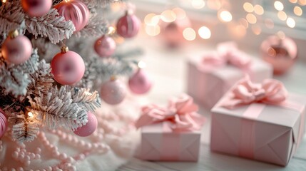 Fototapeta na wymiar Cozy Pink Christmas Scene: White Tree and Elegant Gifts with Bokeh - Valentine's Day Concept